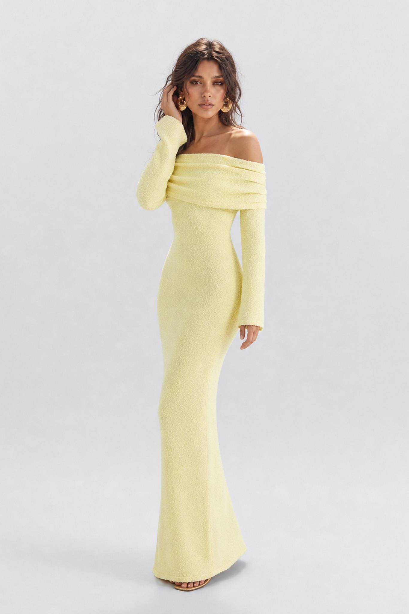 Texture Tweed Off-shoulder Long Dress
