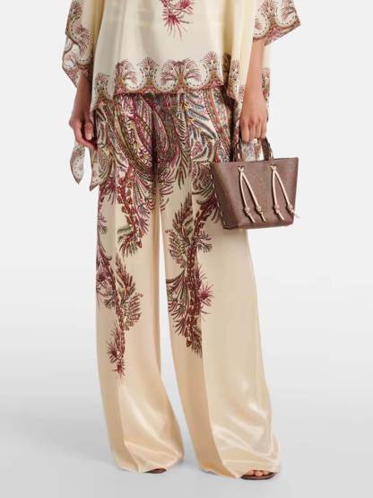 Exquisite Asymmetric Printed Satin Top & Elastic Waist Wide-Leg Pants Set