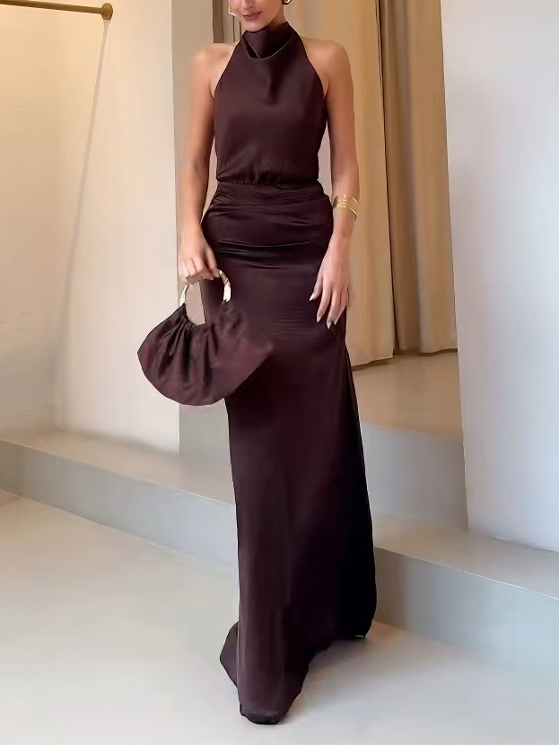 Elegant Holders Corner Satin Pleated Maxi Dress