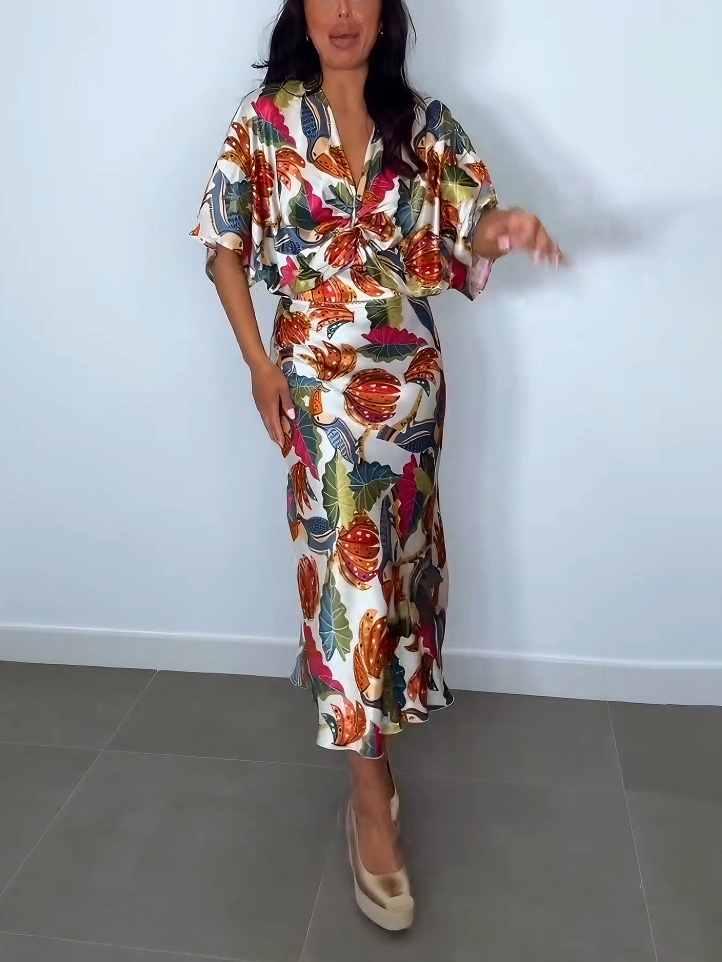 Exquisite Tropical Fruit Print Satin Short Shirt