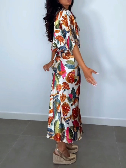 Exquisite Tropical Fruit Print Satin Short Shirt