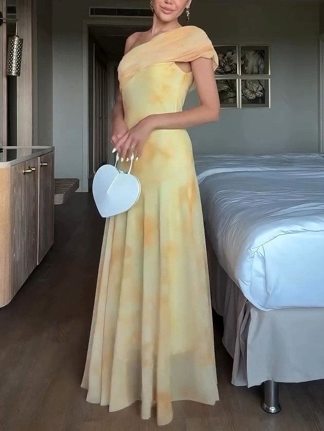 Tie-Dye Mesh Print One-Shoulder Sleeve Maxi Dress