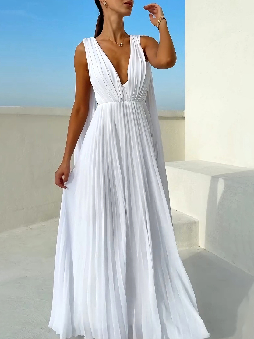 Elegant Deep V Neck Pleated Chiffon Maxi Dress
