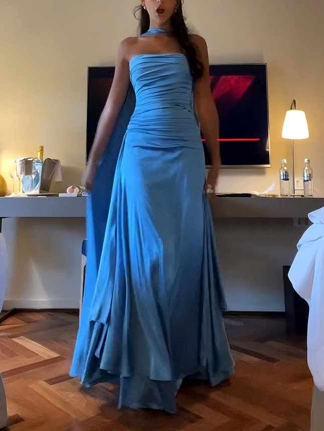 Elegant Pleated Satin Flowy Party Maxi Dress