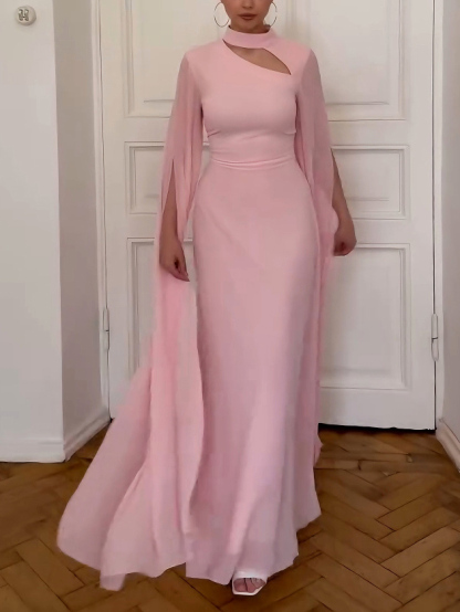 Elegant Small Stand Collar Chiffon Sleeves Maxi Dress