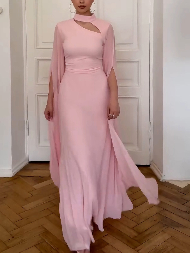 Elegant Small Stand Collar Chiffon Sleeves Maxi Dress