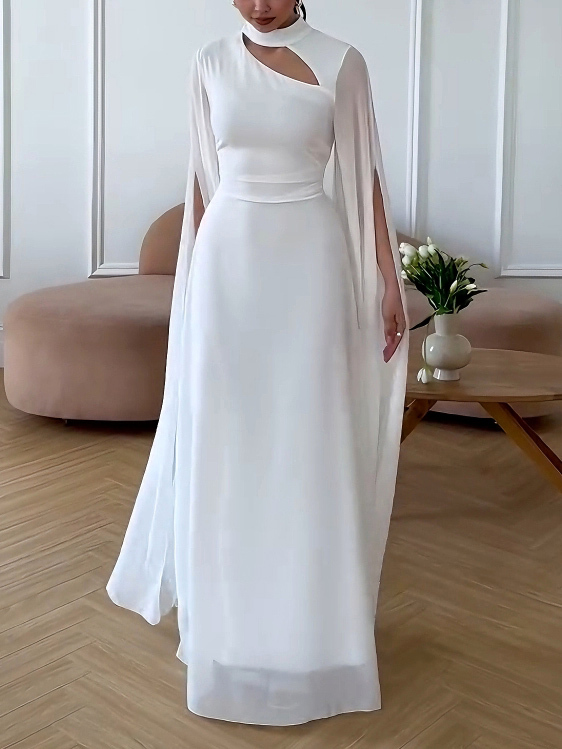 Elegant Small Stand Collar Chiffon Sleeves Maxi Dress