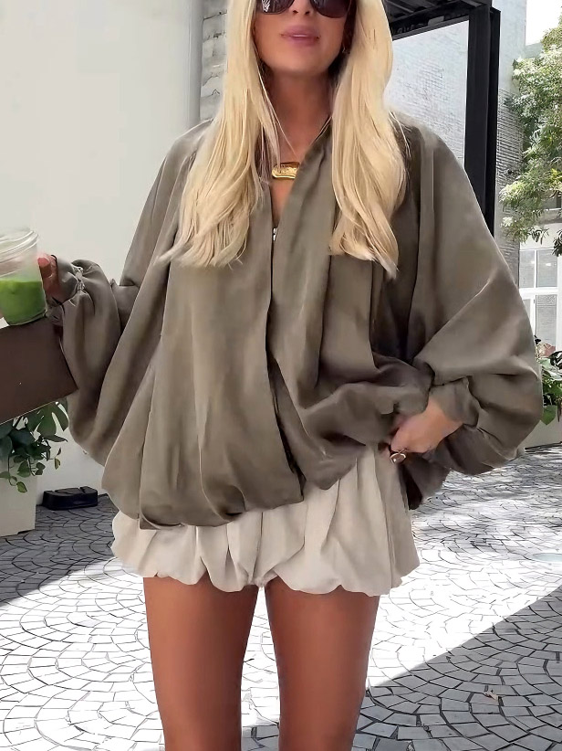Casual Loose-Fit Olive Green Satin Jacket With Puff Sleeves