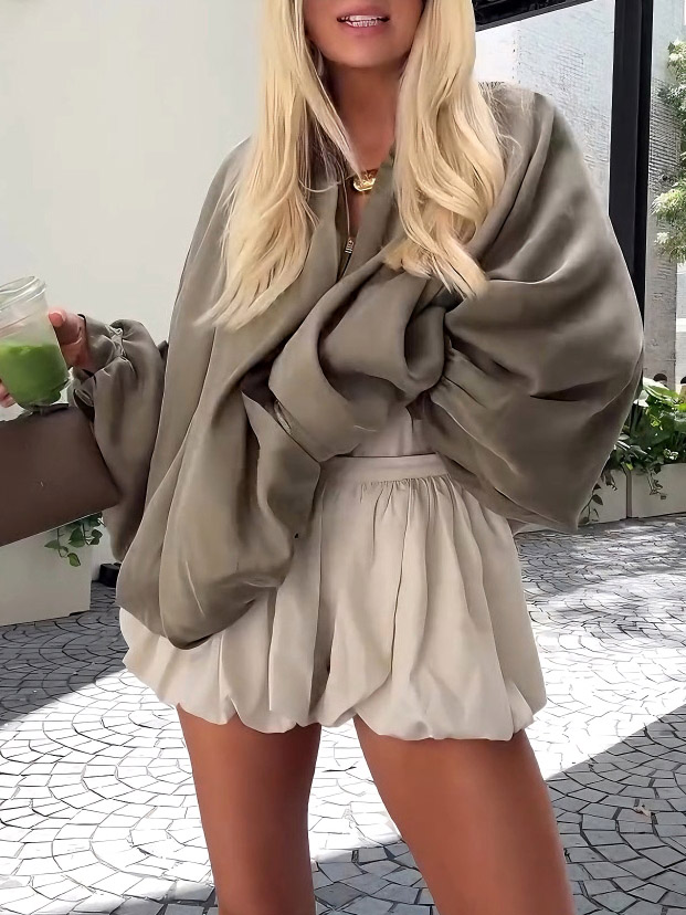 Elegant High-waisted Cream Pleated Bloomer Shorts