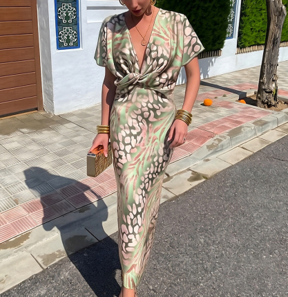Vintage Simi-Dye Printed Satin Kink Deep V Short-Sleeved Hip Midi Dress
