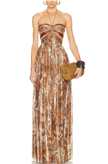 Vintage Cashew Flower Strapless Hollow Neck Stamping Dipping Long Dress