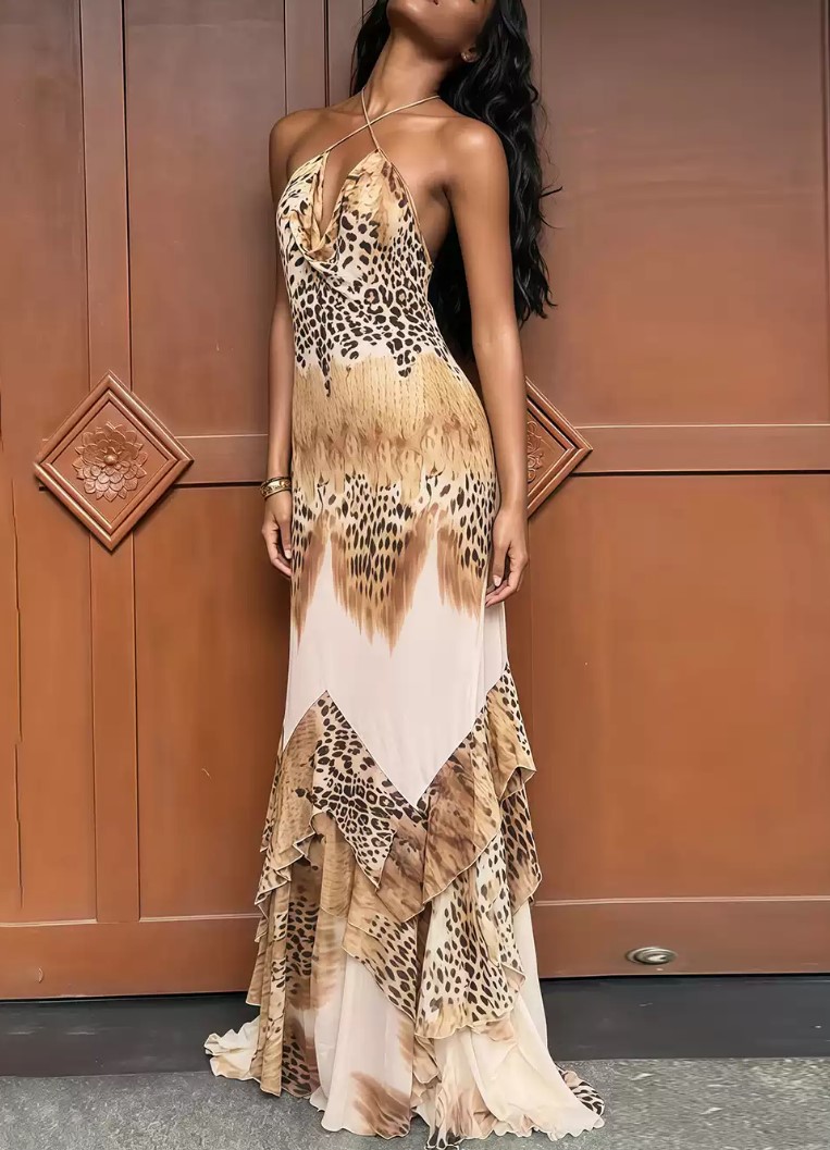 Cross-necked Leopard Print Stitching Irregular Large Vacation Long Dress
