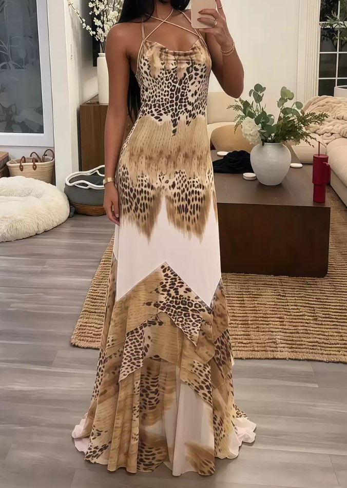 Cross-necked Leopard Print Stitching Irregular Large Vacation Long Dress