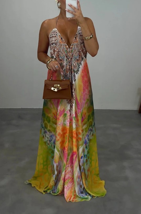Vintage And Exotic Printed V-neck Sling Loose Large Swing Holiday Dress