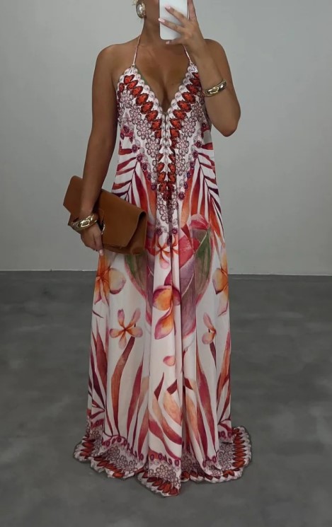 Vintage And Exotic Printed V-neck Sling Loose Large Swing Holiday Dress