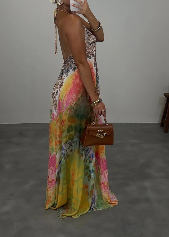 Vintage And Exotic Printed V-neck Sling Loose Large Swing Holiday Dress