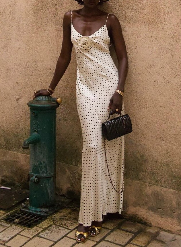 Vintage Polo-dot V-neck Thin Strap Twist Slim-fit Long Dress