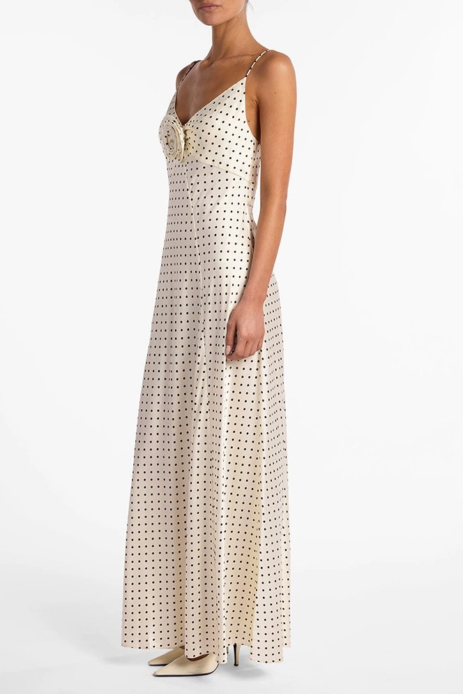 Vintage Polo-dot V-neck Thin Strap Twist Slim-fit Long Dress