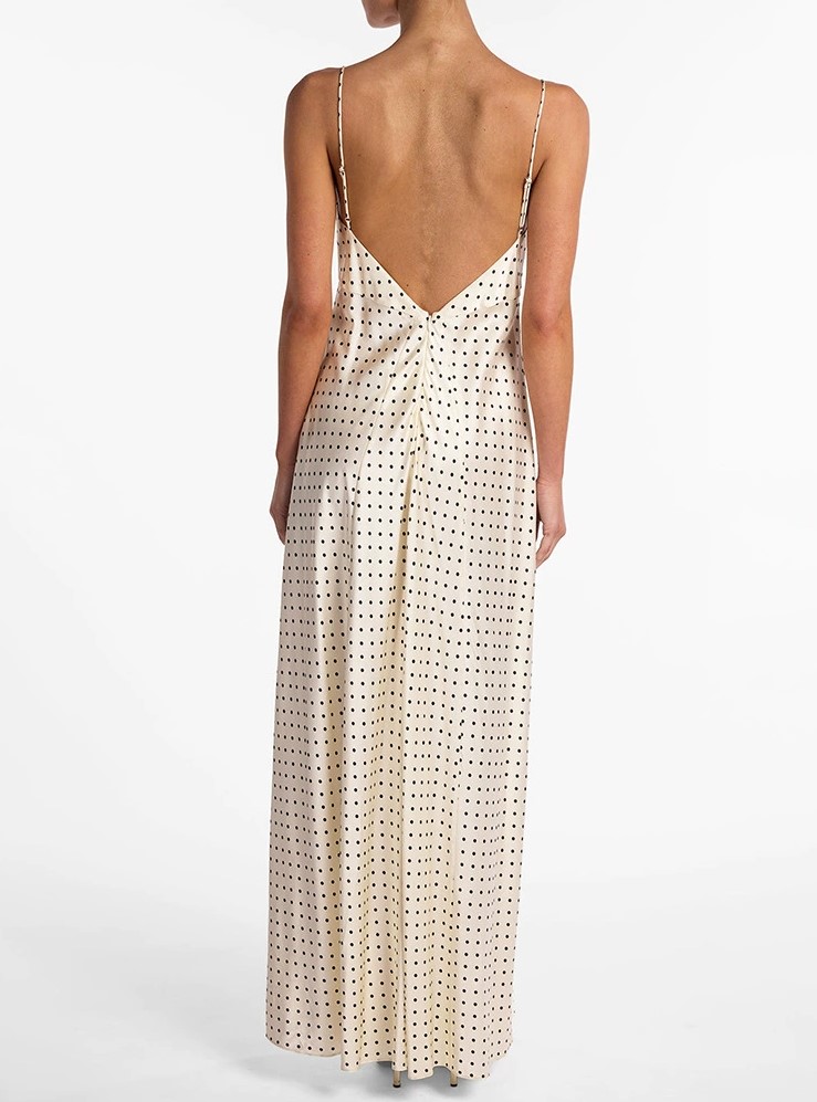 Vintage Polo-dot V-neck Thin Strap Twist Slim-fit Long Dress