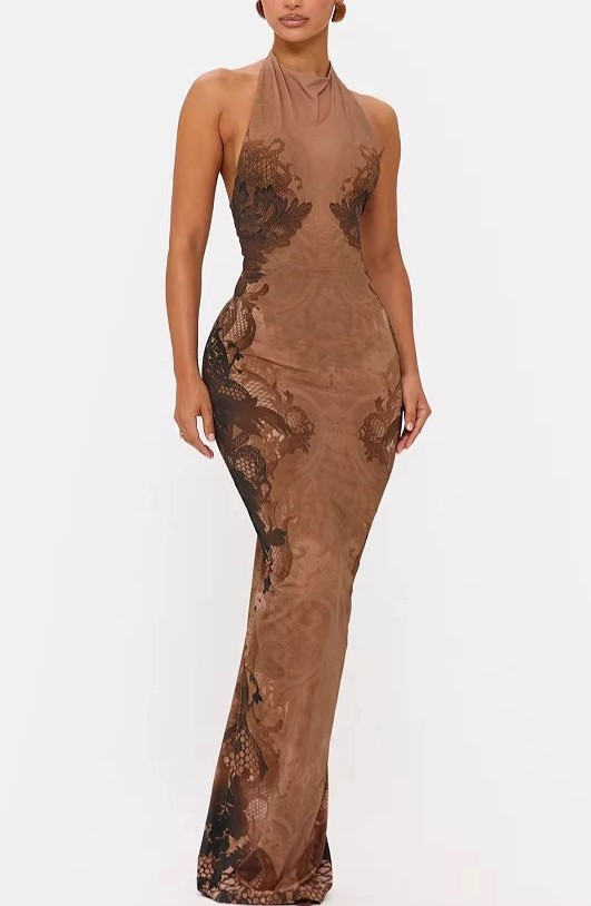 Curry Halter Dragon-Print Slim-Fit Fishtail Long Dress