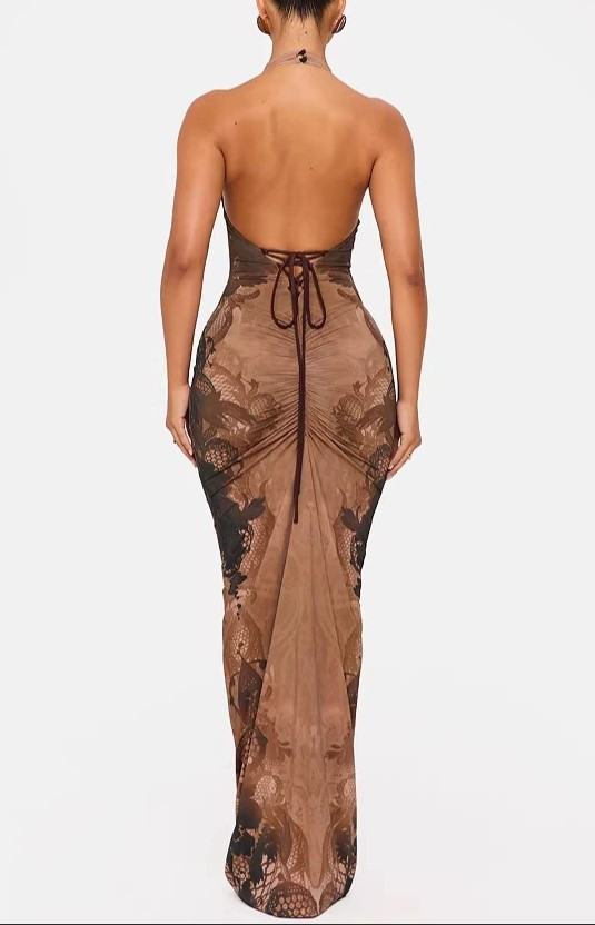 Curry Halter Dragon-Print Slim-Fit Fishtail Long Dress