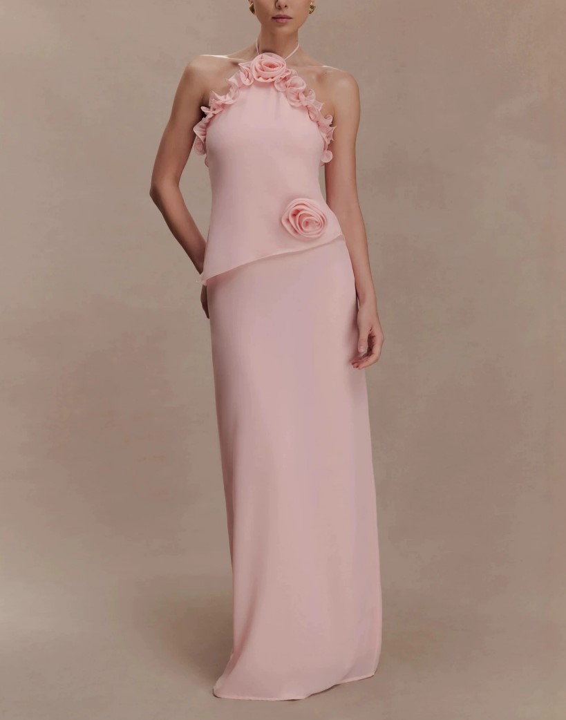 Pink Three-Dimensional Rose Neck Slim-Fit Long Banquet Dress