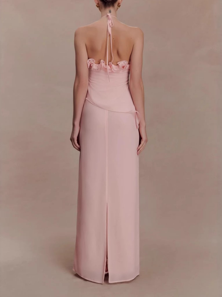 Pink Three-Dimensional Rose Neck Slim-Fit Long Banquet Dress