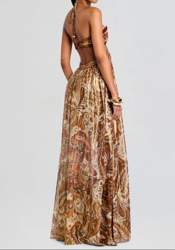 Vintage Cashew Flower Strapless Hollow Neck Stamping Dipping Long Dress