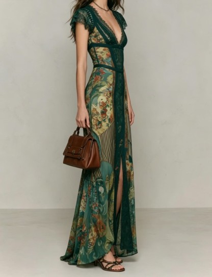 V Neck Lace Patch Short Sleeve Vintage Print Slit Maxi Dress