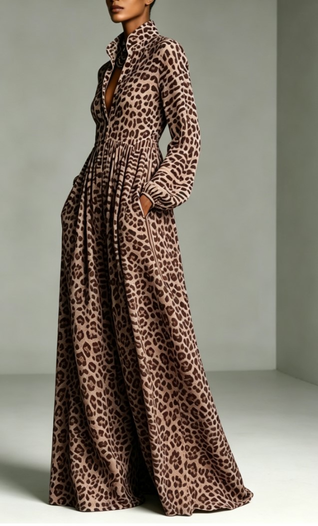 Leopard Print Stand Collar Button Down Long Sleeve Maxi Dress With Pockets