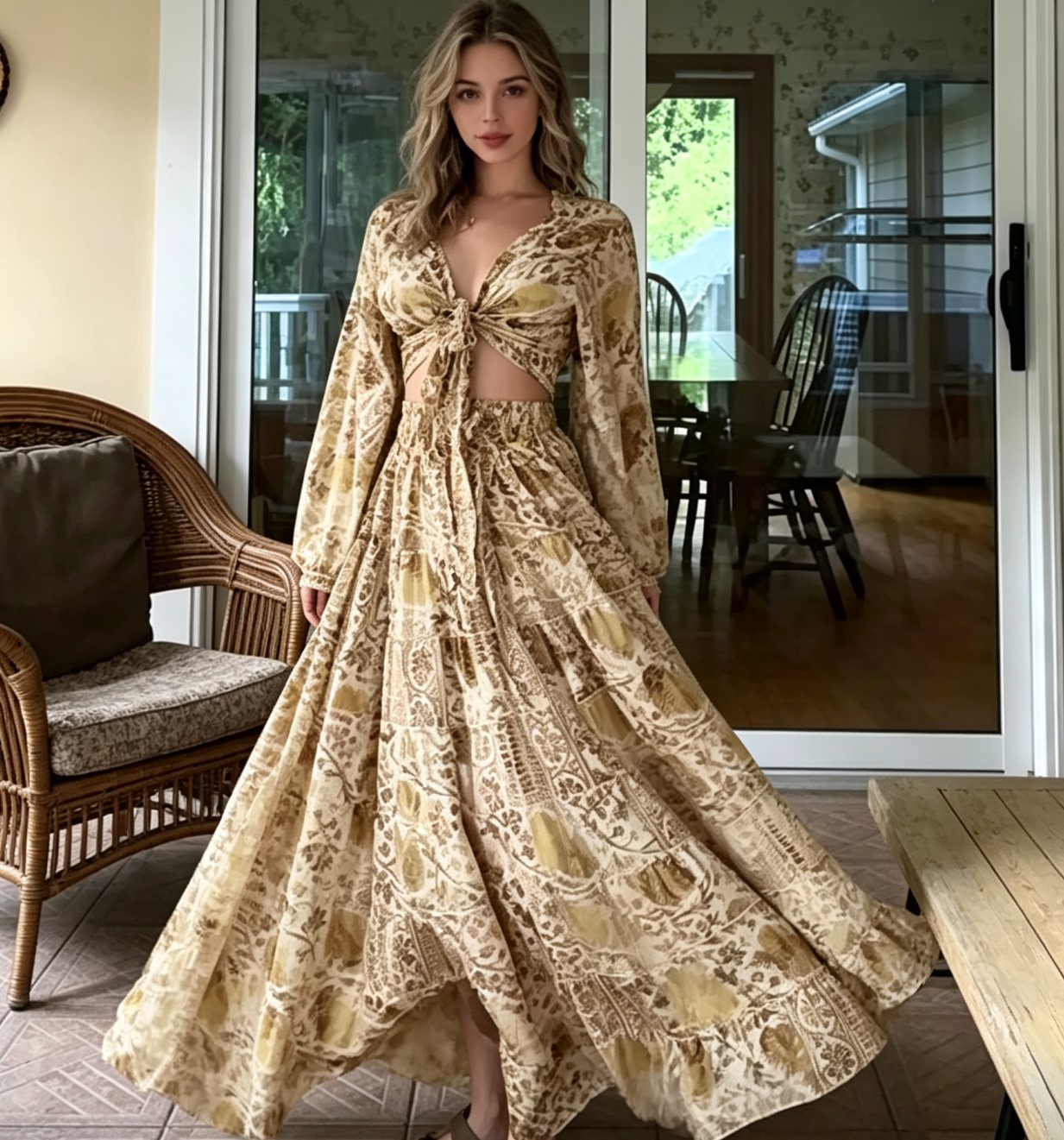 V Neck Long Sleeve Cutout Paisley Bohemian Maxi Dress