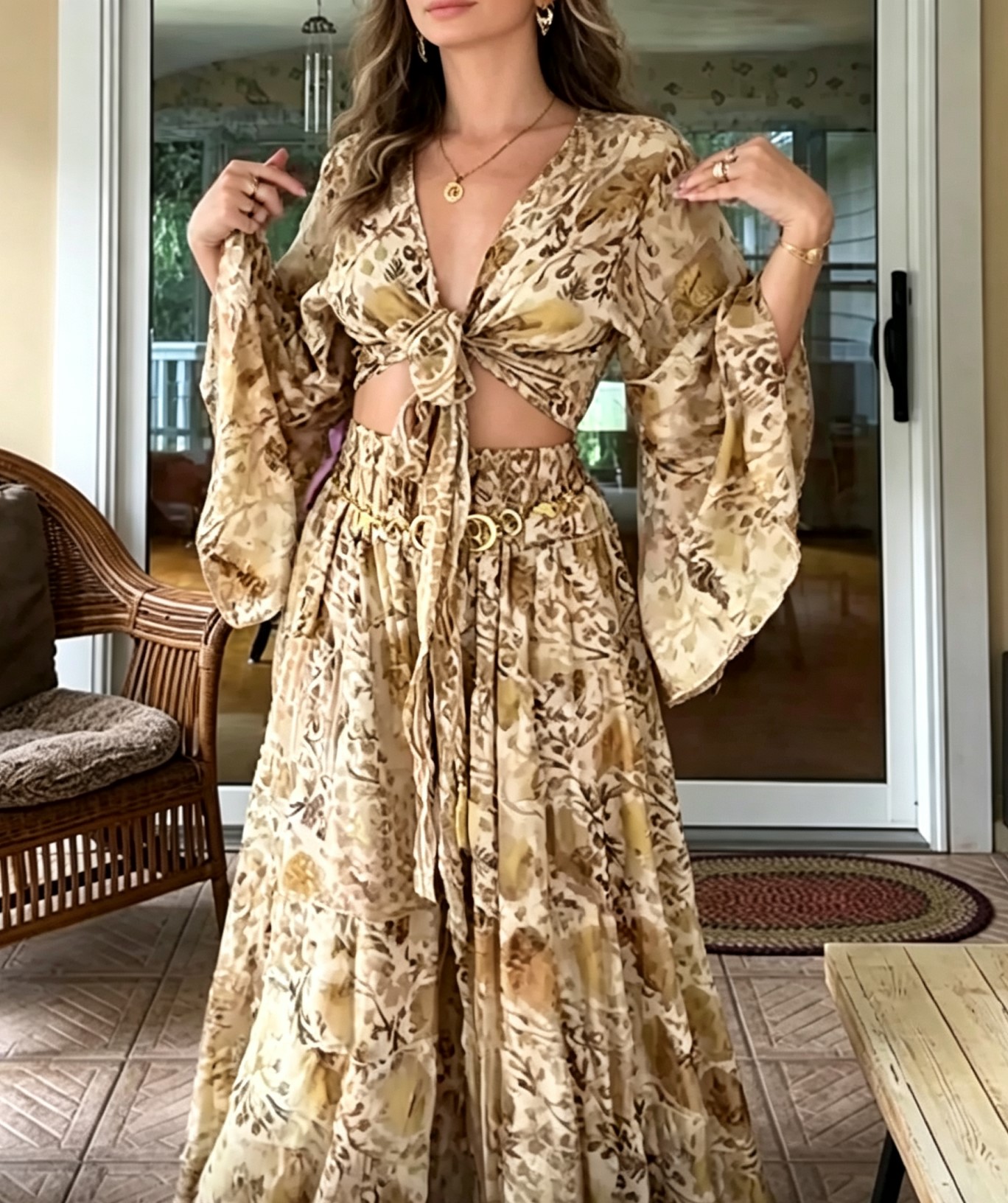 V Neck Long Sleeve Cutout Paisley Bohemian Maxi Dress