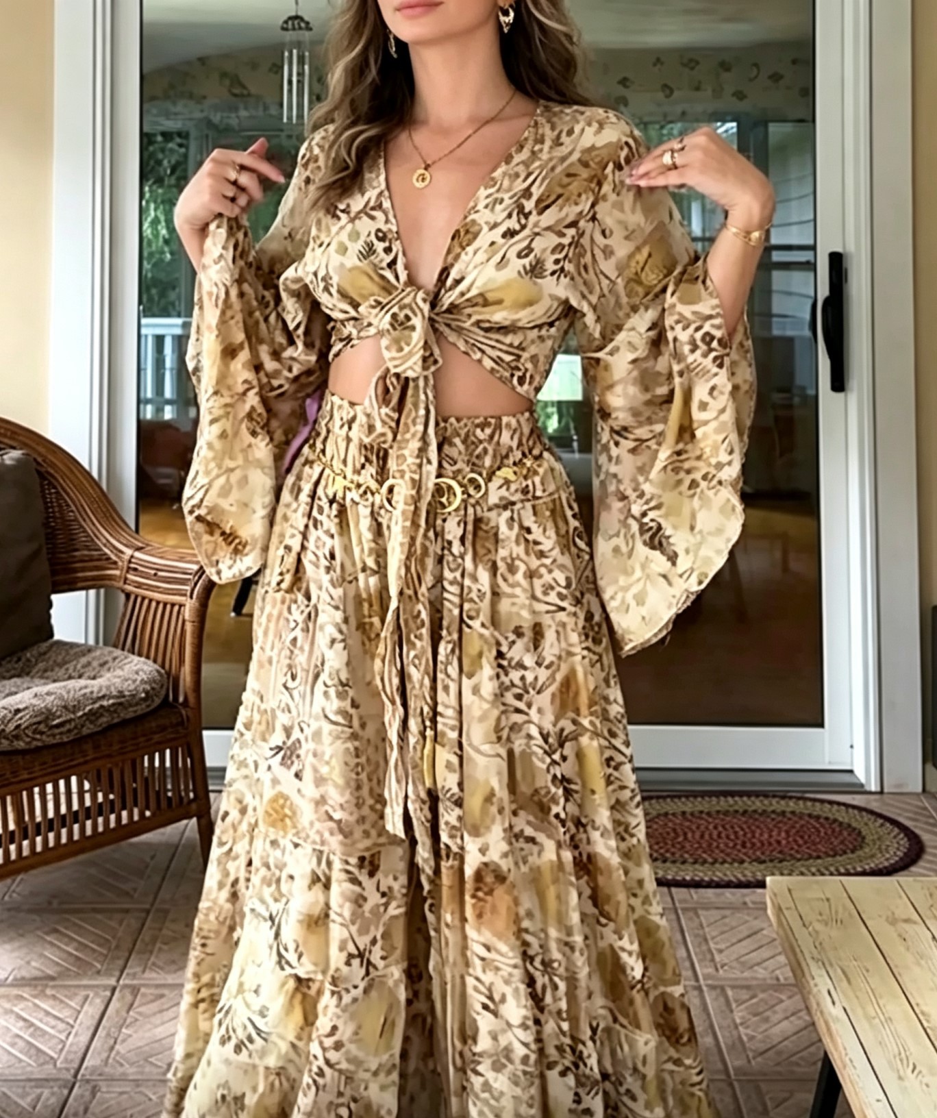 V Neck Long Sleeve Cutout Paisley Bohemian Maxi Dress