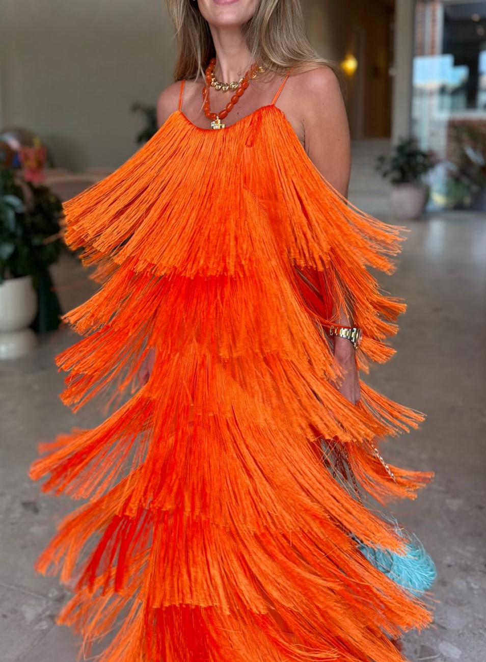 Orange Tiered Fringe Spaghetti Strap Maxi Party Dress