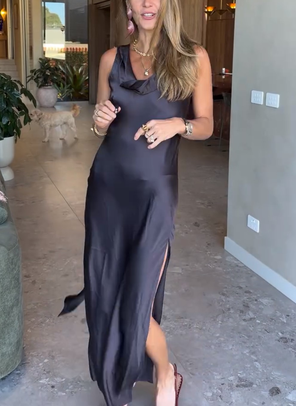Cowl Neck Sleeveless Satin Slip Maxi Dress Black