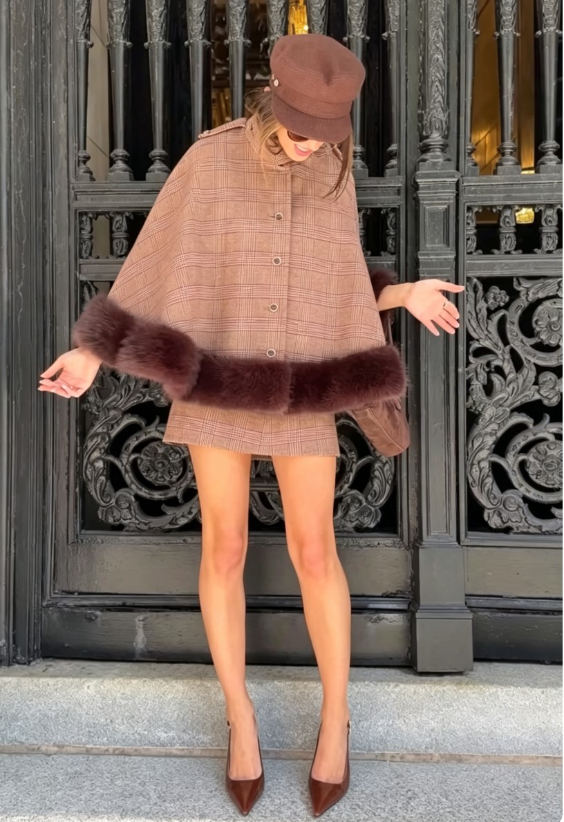 Brown Plaid Faux Fur Trim Cape Coat & Mini Skirt Two Piece Set