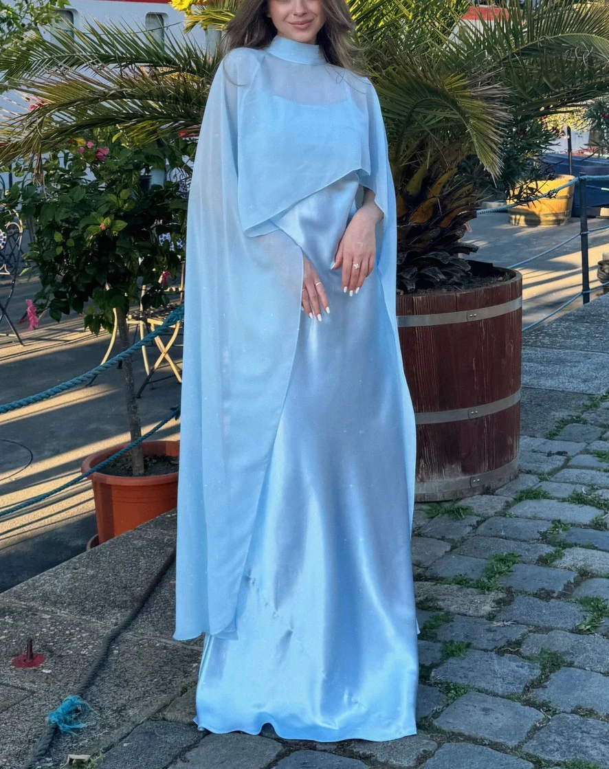 Light Blue High Neck Capelet Satin Maxi Dress Elegant Formal Evening Gown