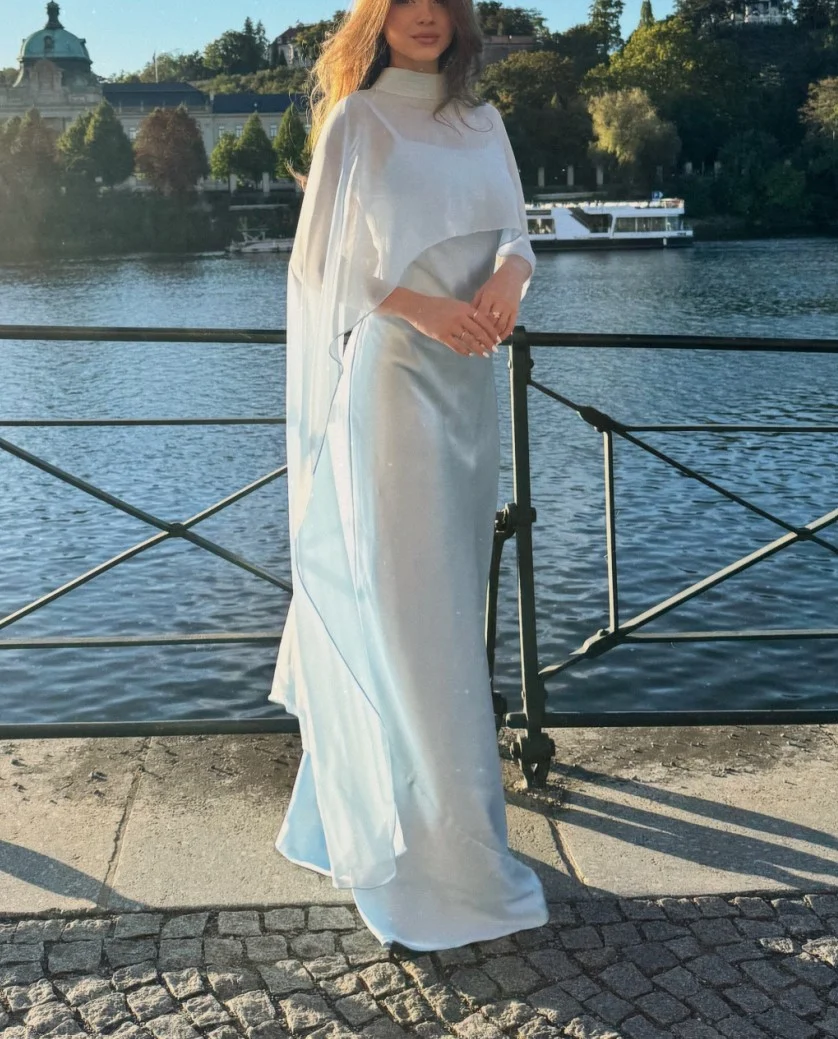 Light Blue High Neck Capelet Satin Maxi Dress Elegant Formal Evening Gown