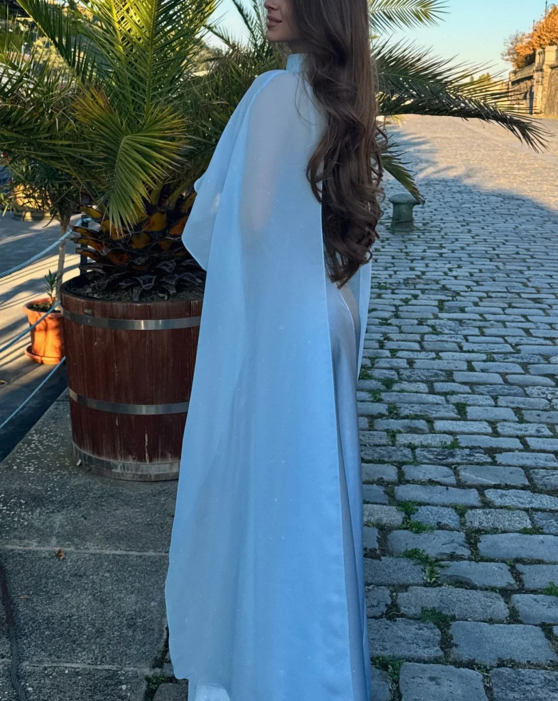 Light Blue High Neck Capelet Satin Maxi Dress Elegant Formal Evening Gown