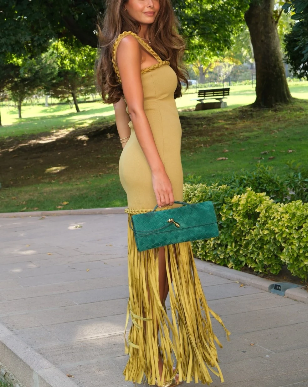Mustard Yellow Braided Strap Fringe Hem Slit Knit Maxi Dress