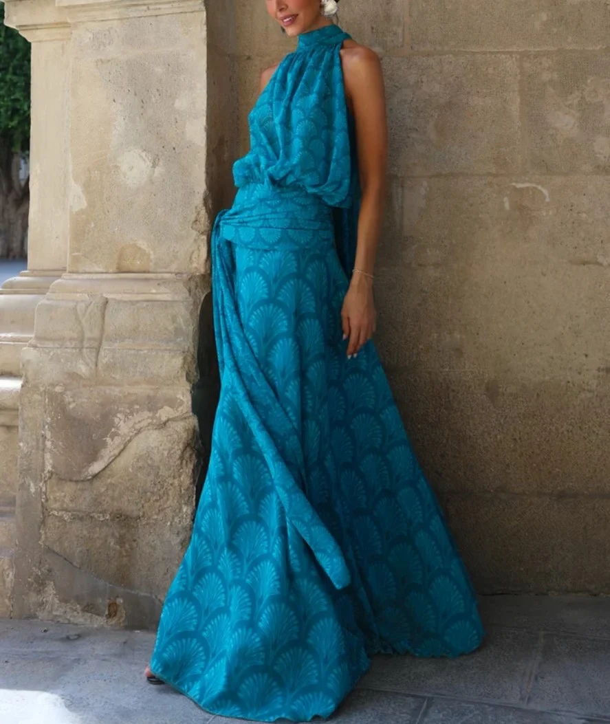 Halter Neck Sleeveless Fan Print Draped Waist A-Line Maxi Dress