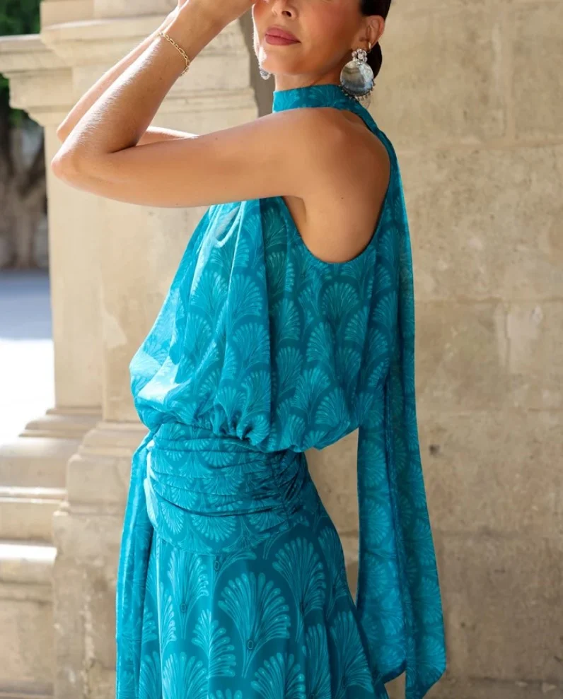 Halter Neck Sleeveless Fan Print Draped Waist A-Line Maxi Dress