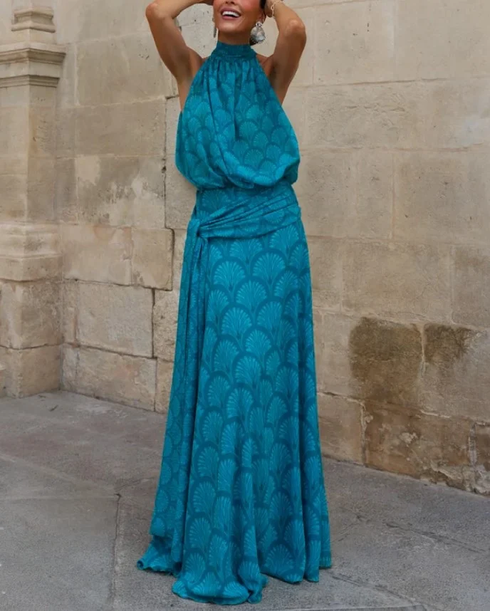 Halter Neck Sleeveless Fan Print Draped Waist A-Line Maxi Dress