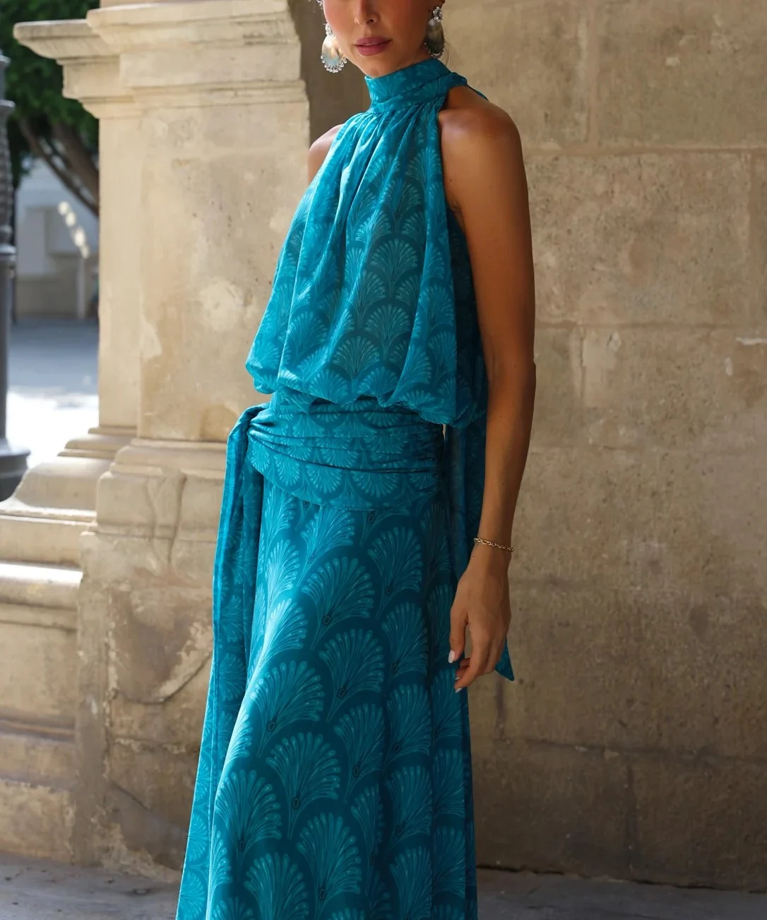 Halter Neck Sleeveless Fan Print Draped Waist A-Line Maxi Dress