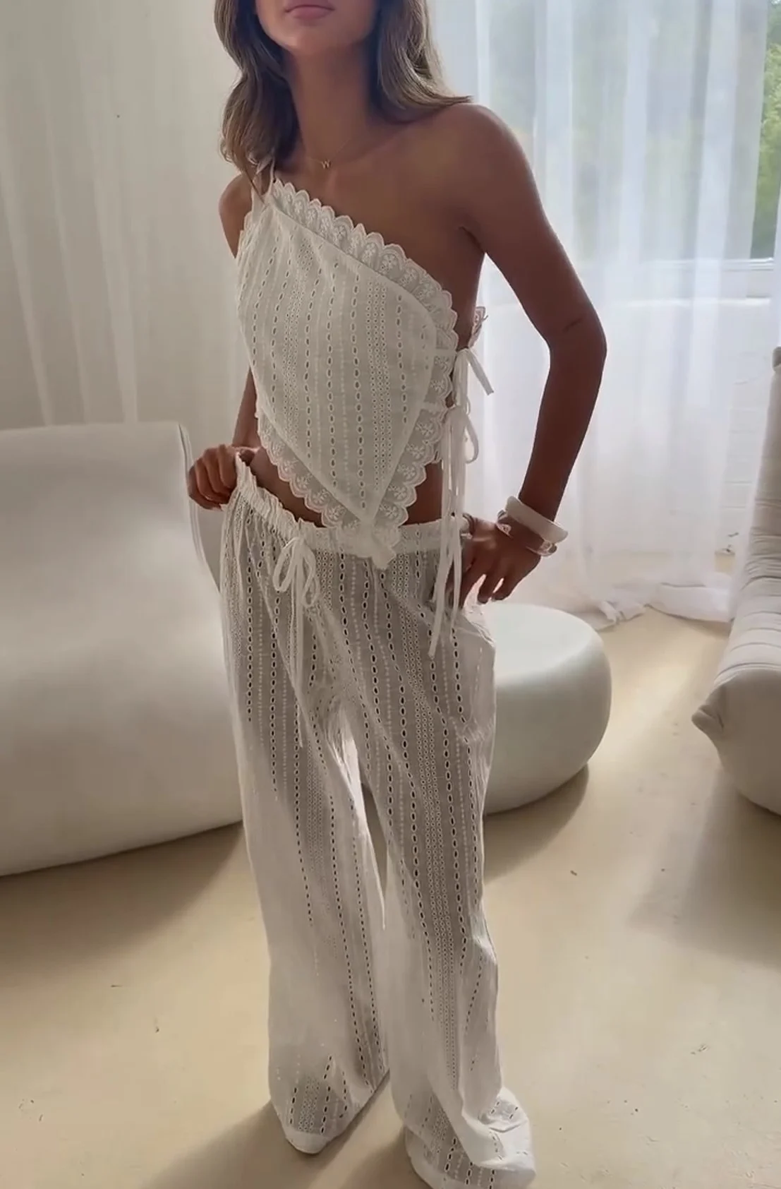White Eyelet Embroidery One Shoulder Tie Crop Top and Wide Leg Pants Two Piece Set