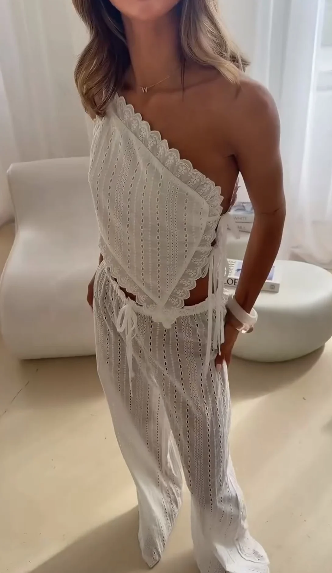 White Eyelet Embroidery One Shoulder Tie Crop Top and Wide Leg Pants Two Piece Set