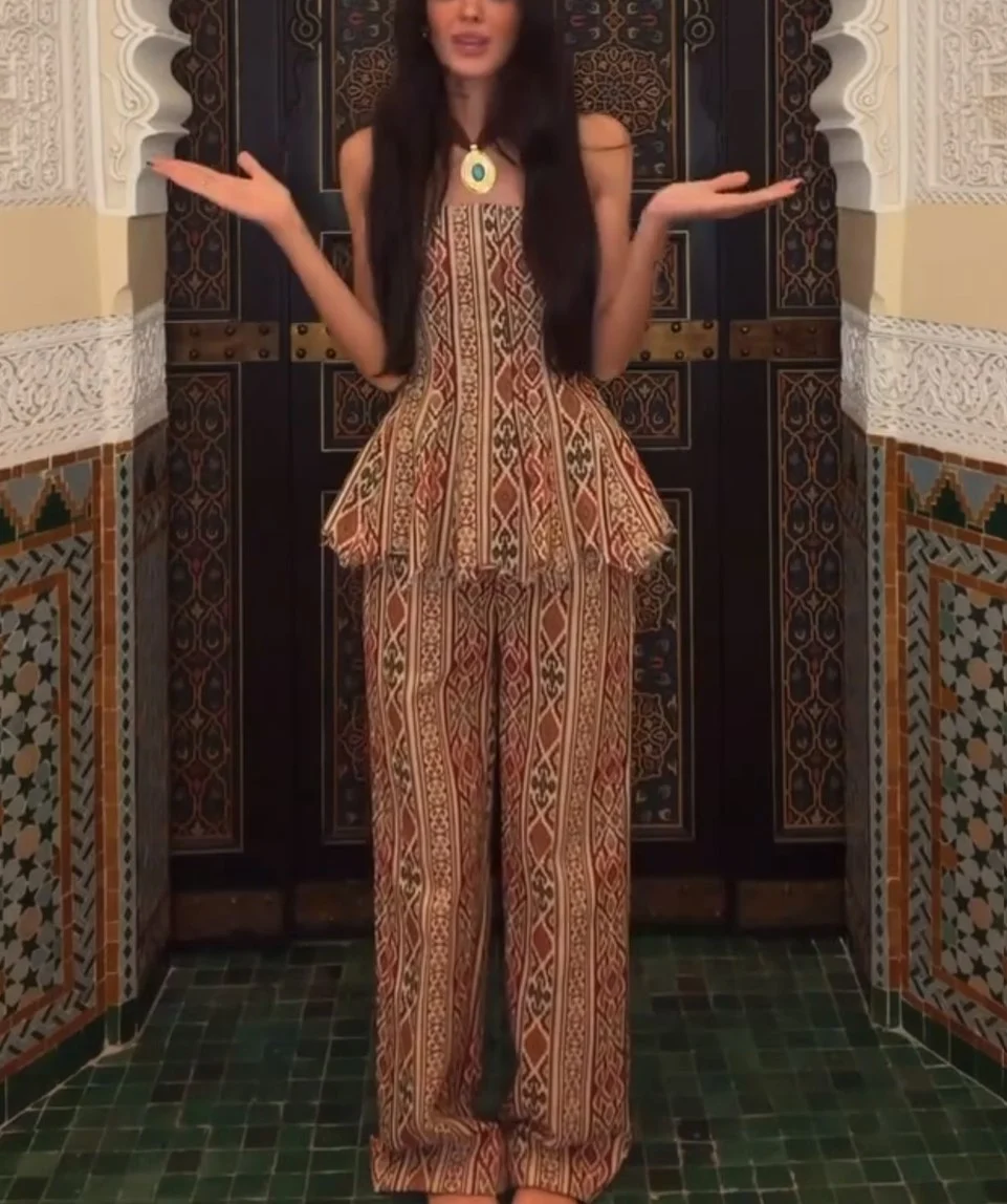 Geometric Print Strapless Peplum Corset Top and Wide Leg Pants Two Piece Set