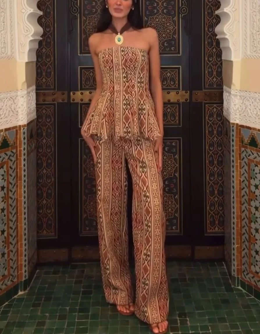 Geometric Print Strapless Peplum Corset Top and Wide Leg Pants Two Piece Set