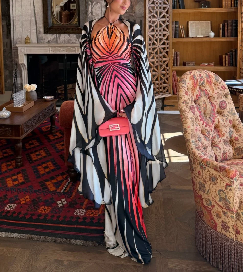 Ombre Butterfly Wing Print Halter Maxi Dress with Flowing Cape Sleeves