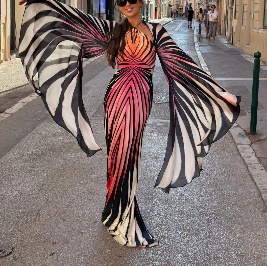Ombre Butterfly Wing Print Halter Maxi Dress with Flowing Cape Sleeves